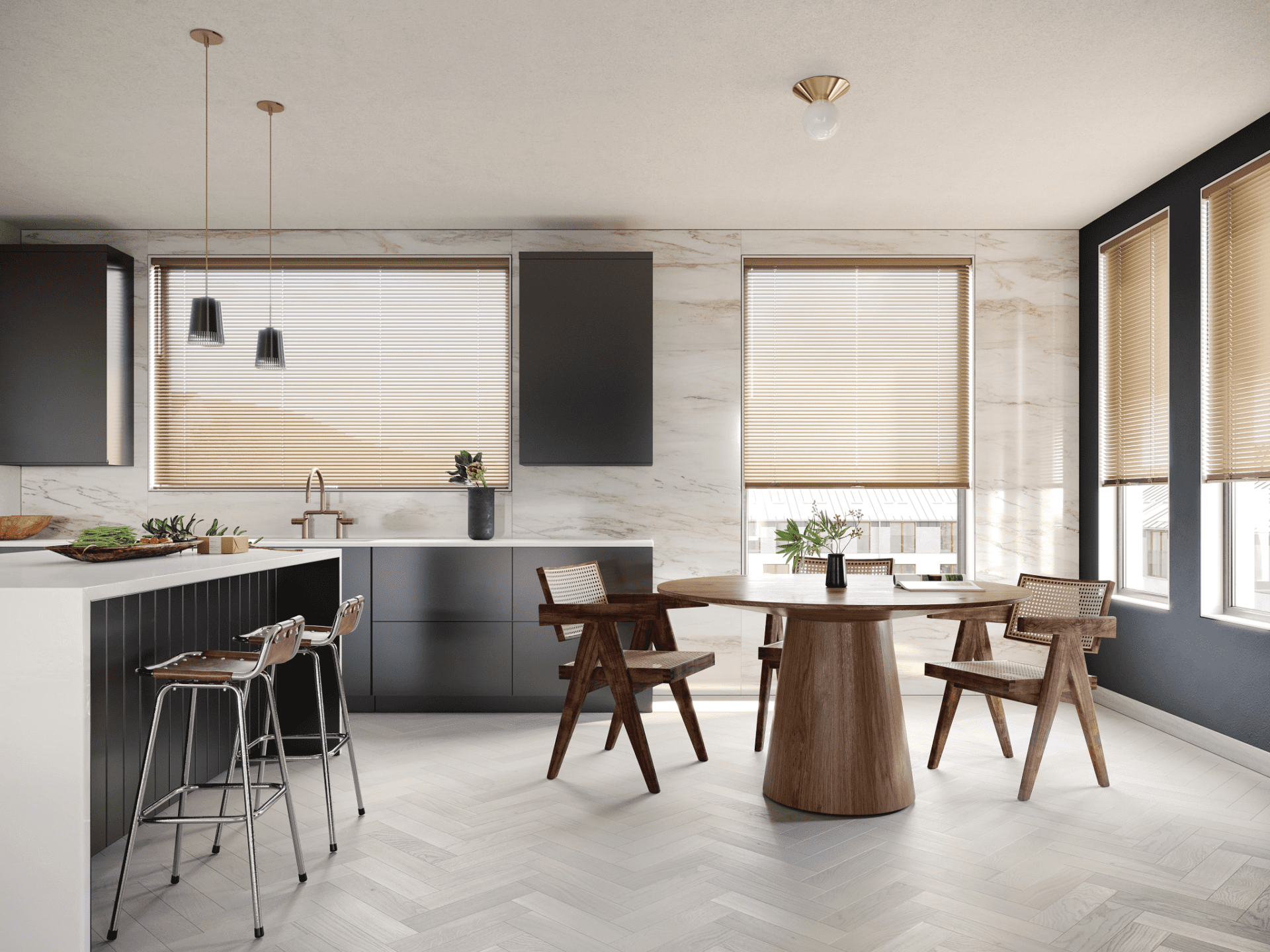 Modern Kitchen blinds, in wood & metal